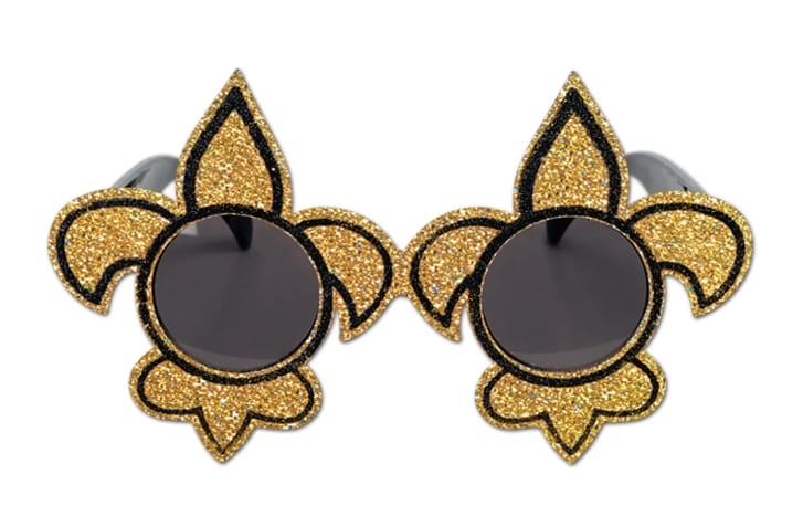 Round sunglasses with gold and black fleur-de-lis frames.