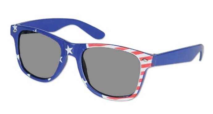 Sunglasses with American flag design on the frames.