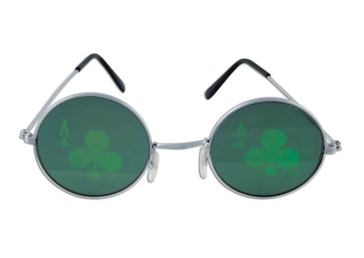 Round sunglasses with green shamrock-patterned lenses.