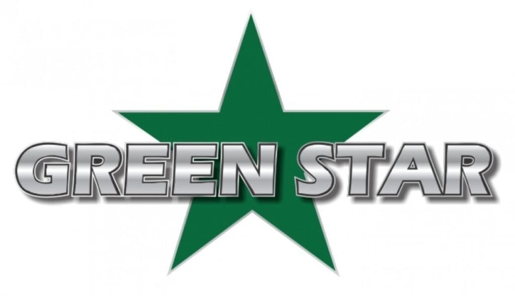 Green star with metallic text overlay.