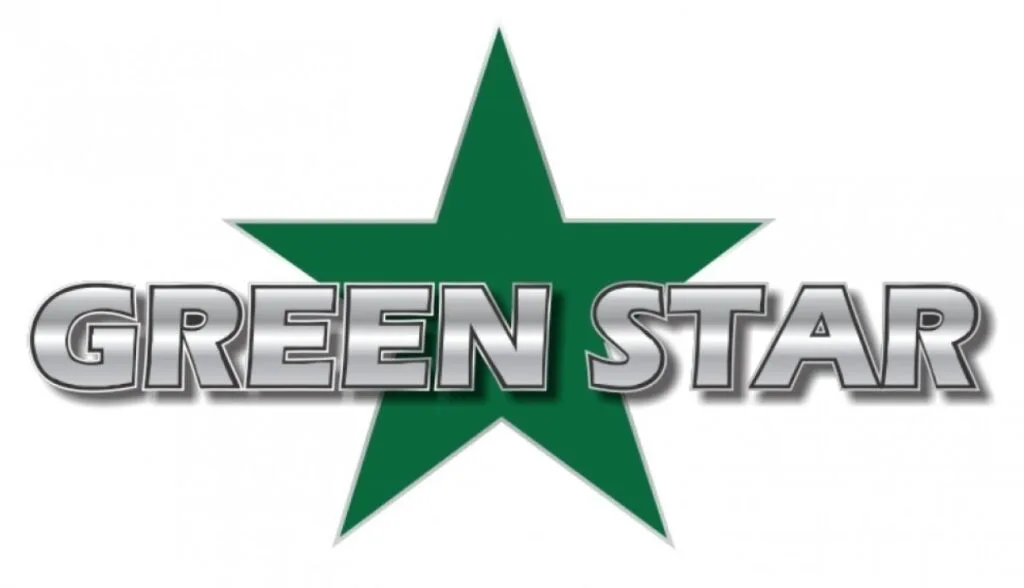 Green star with metallic text overlay.
