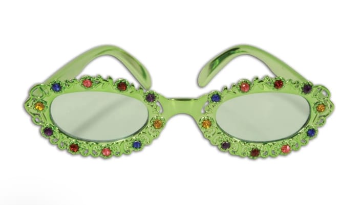 Green oval sunglasses with colorful flower decorations.